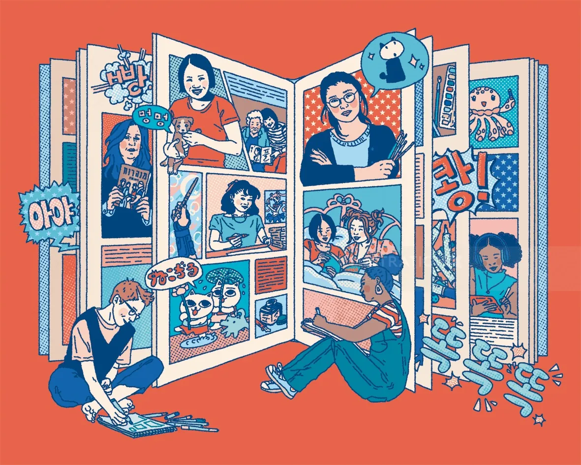 Colorful mural of women comic characters and artists in panels