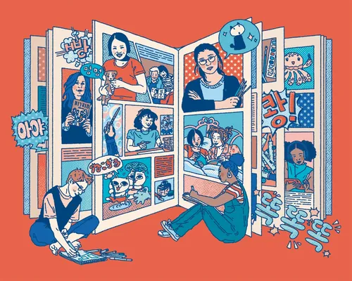 Colorful mural of women comic characters and artists in panels