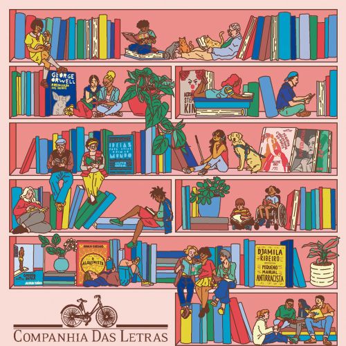 Colorful illustration of diverse people reading and relaxing on bookshelves