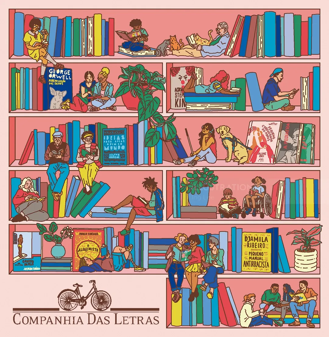 Colorful illustration of diverse people reading and relaxing on bookshelves