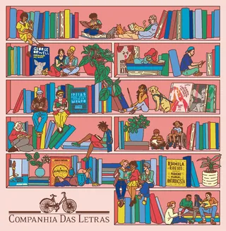 Colorful illustration of diverse people reading and relaxing on bookshelves