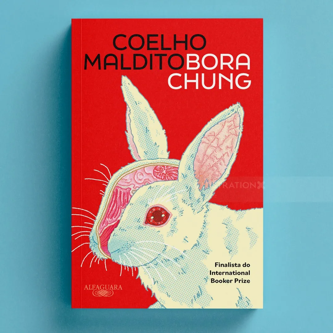 Illustration of a rabbit with exposed brain on red book cover
