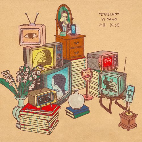 Illustration of vintage TVs, books, and plants in Korean chaekgeori style