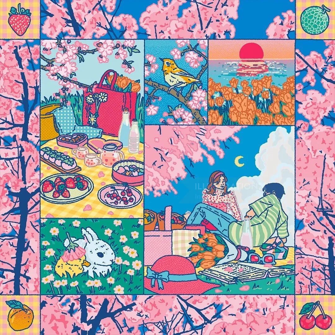 Colorful illustration with cherry blossoms, picnic, birds, and rabbits