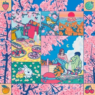Colorful illustration with cherry blossoms, picnic, birds, and rabbits