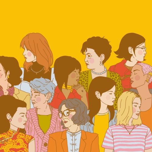 Illustration of diverse people in colorful clothing looking in different directions