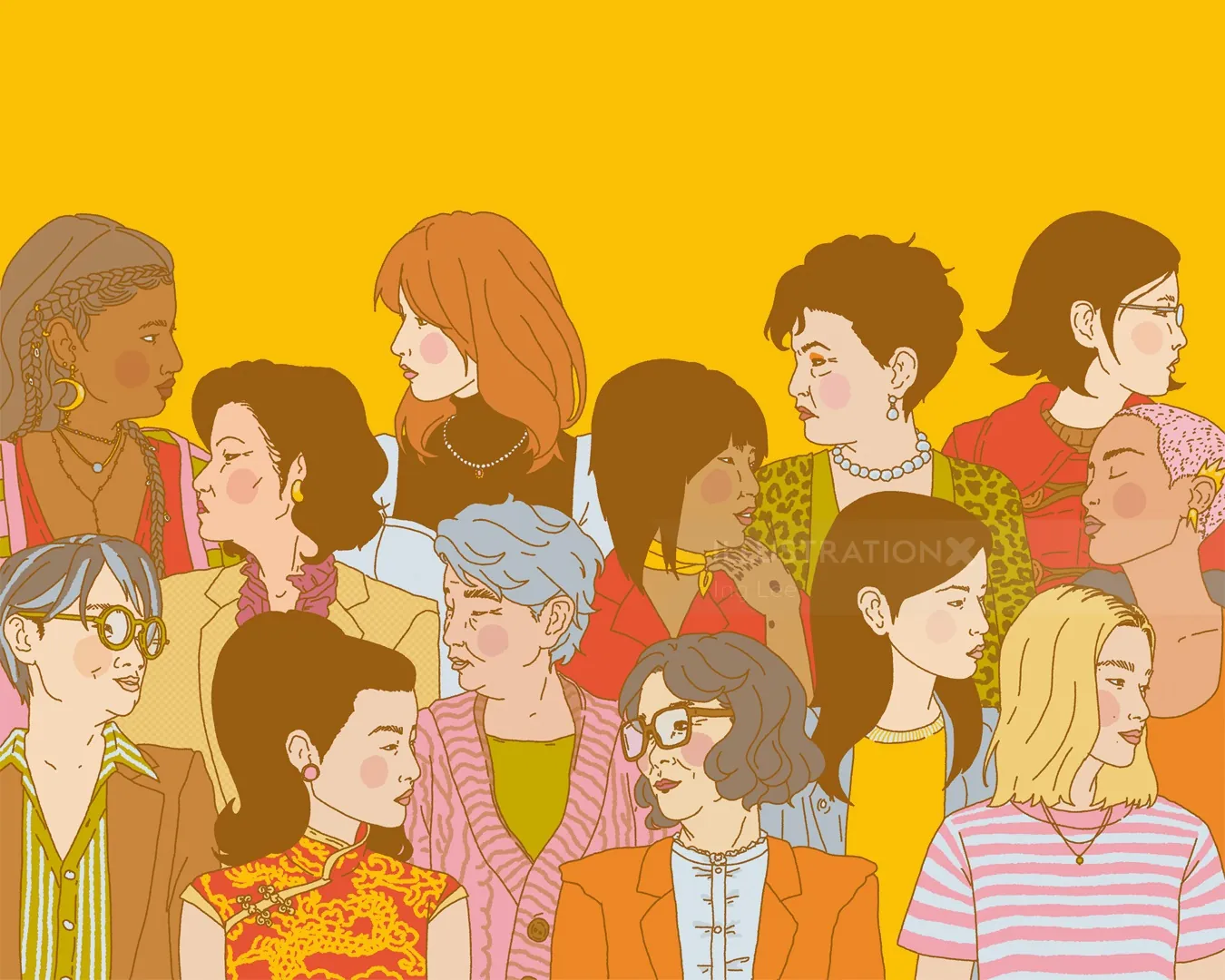 Illustration of diverse people in colorful clothing looking in different directions
