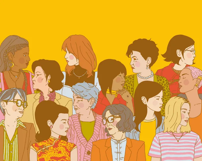 Illustration of diverse people in colorful clothing looking in different directions