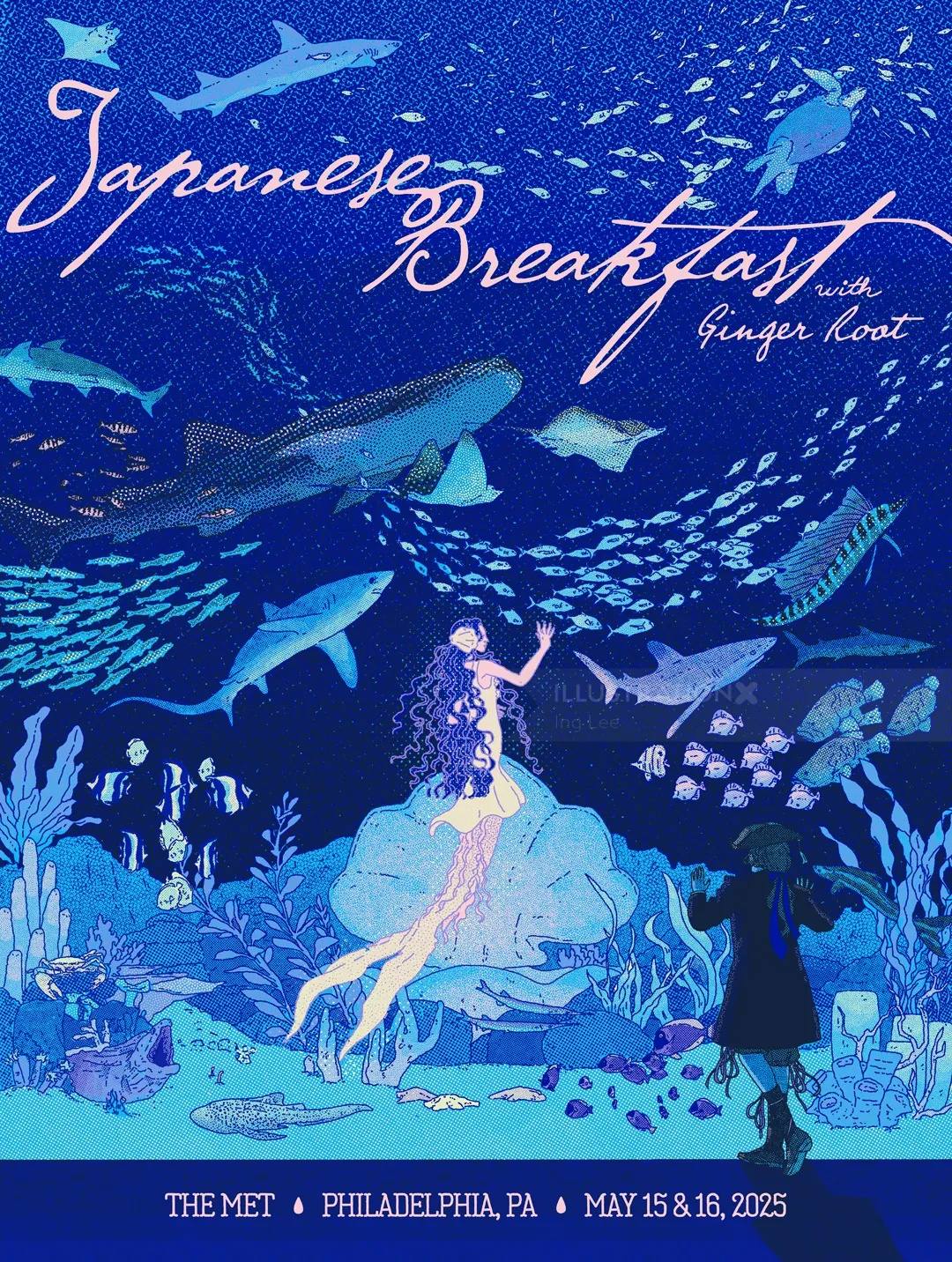 Underwater concert poster with mermaid, sharks, and fish in blue tones