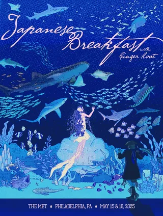 Underwater concert poster with mermaid, sharks, and fish in blue tones