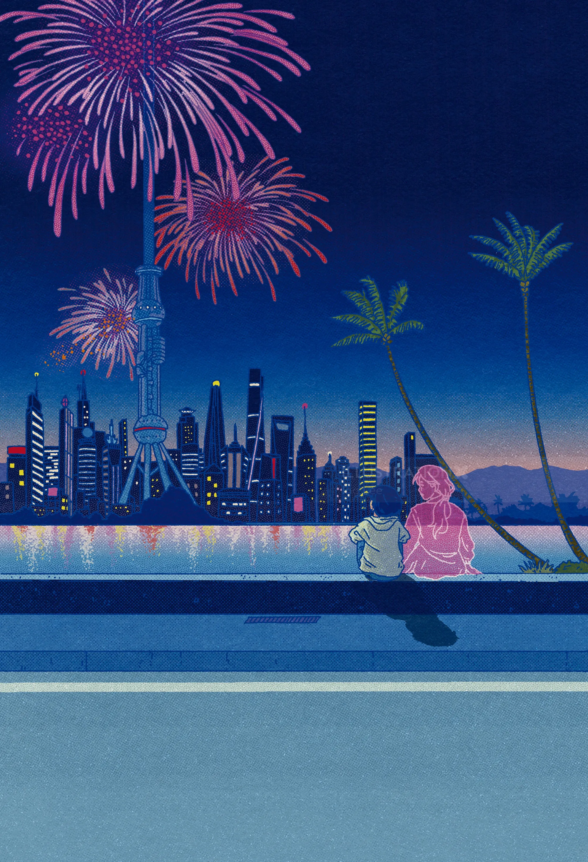 Couple watching fireworks over city skyline at night by the water