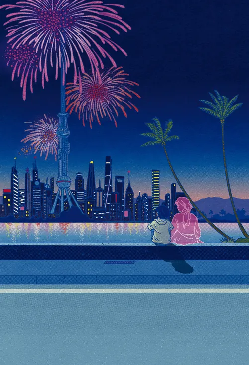 Couple watching fireworks over city skyline at night by the water
