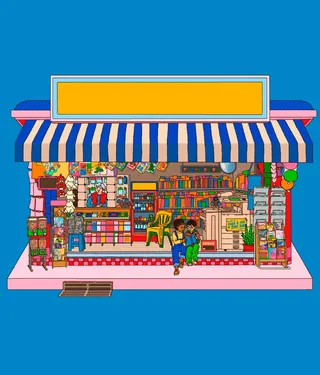 Colorful street bookstore with books and two people sitting outside