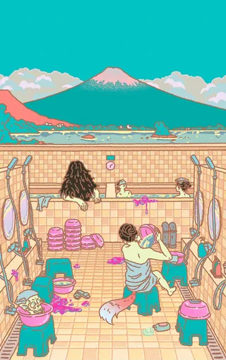 People enjoying a hot spring with Mount Fuji in the background