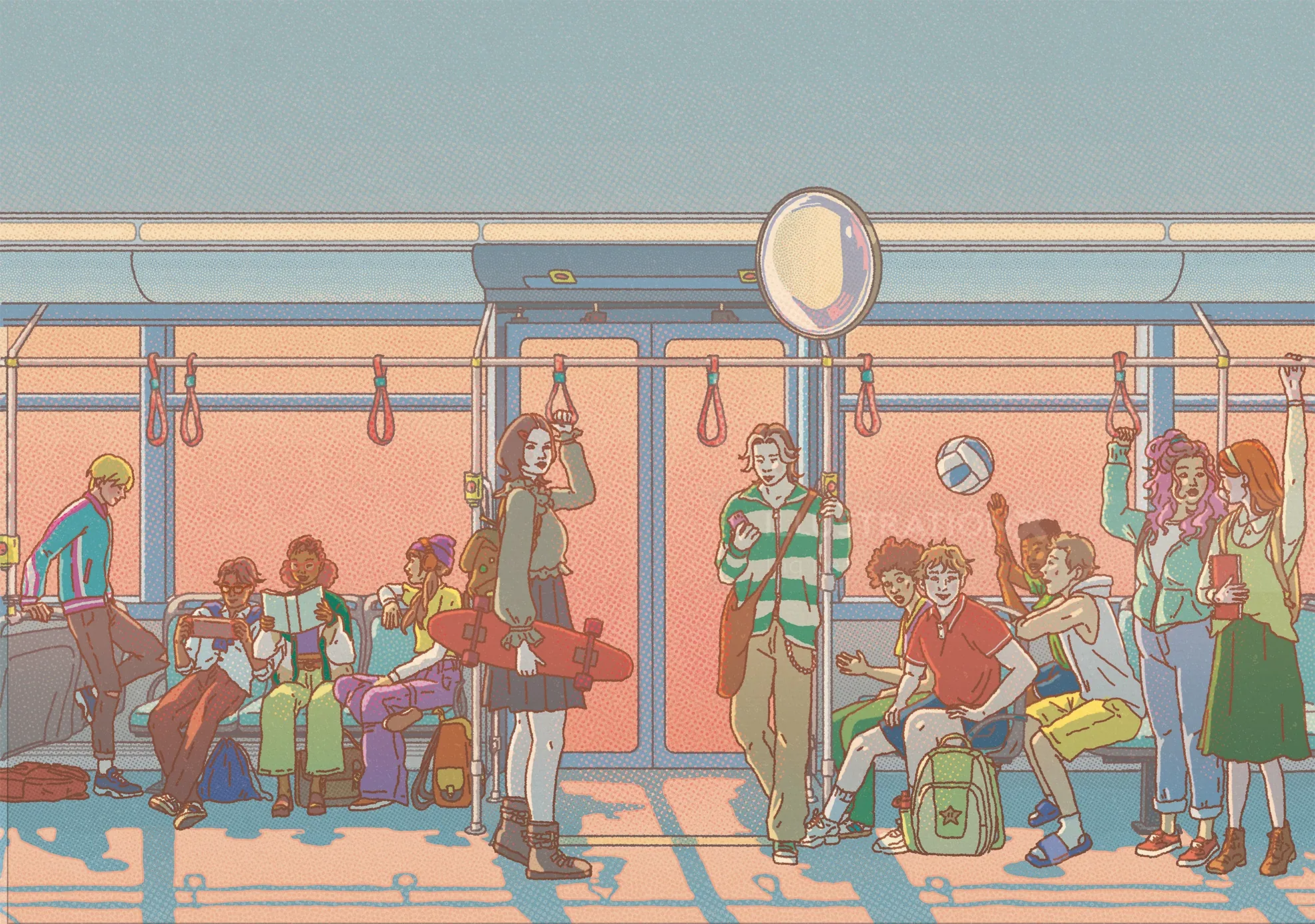 Passengers standing and sitting inside subway train during sunset