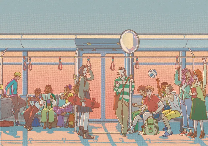 Passengers standing and sitting inside subway train during sunset