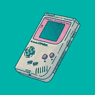 Retro handheld gaming console illustration on teal background