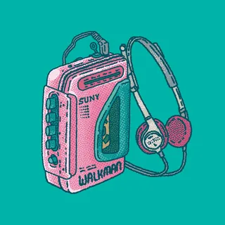 Pink Sony Walkman with attached headphones on teal background