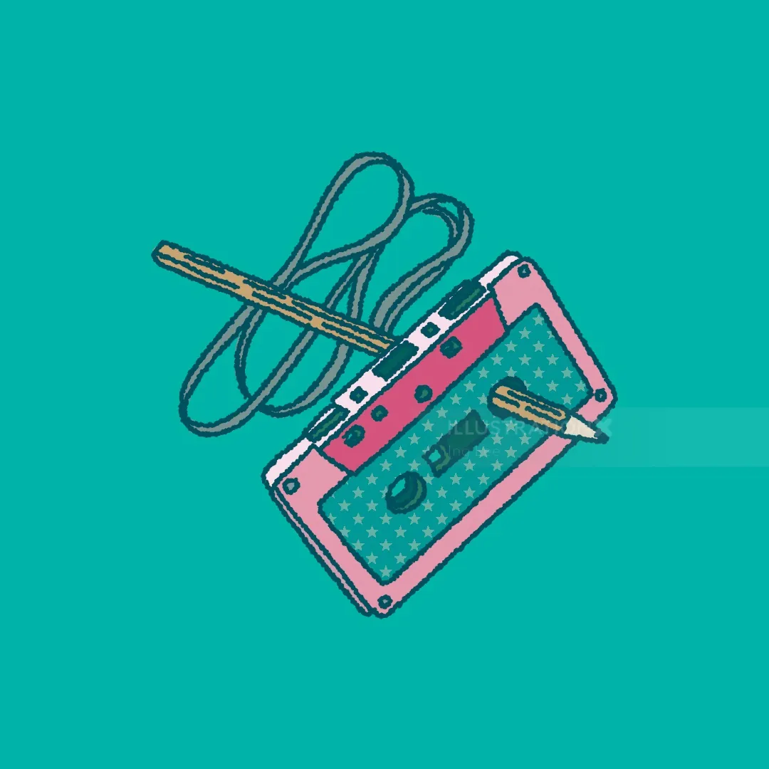 Illustration of a pink cassette tape with unraveled tape against teal background