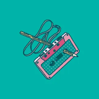Illustration of a pink cassette tape with unraveled tape against teal background