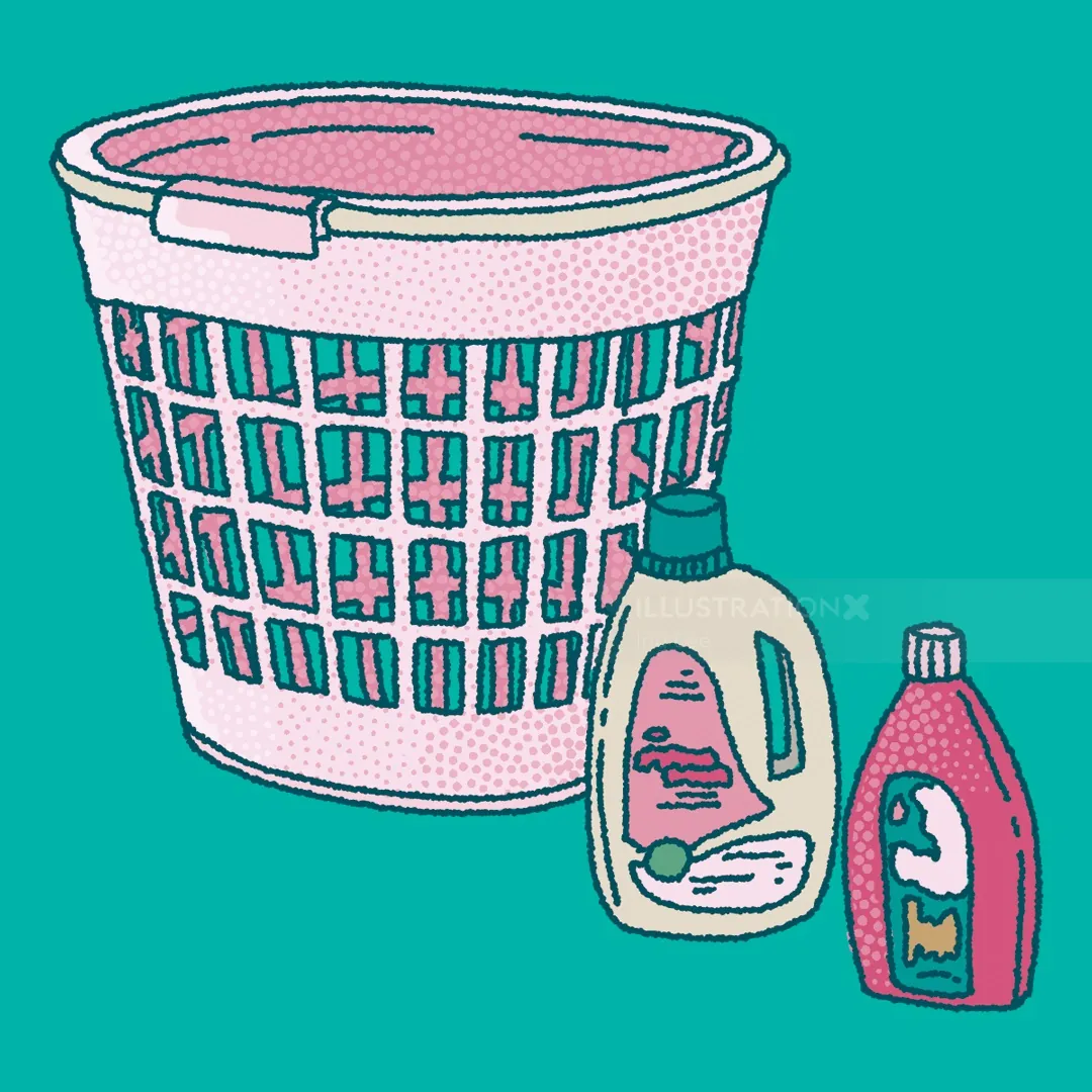 Illustration of a laundry basket with two detergent bottles