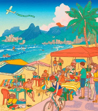 Beach scene with people, palm trees, and mountains in the background