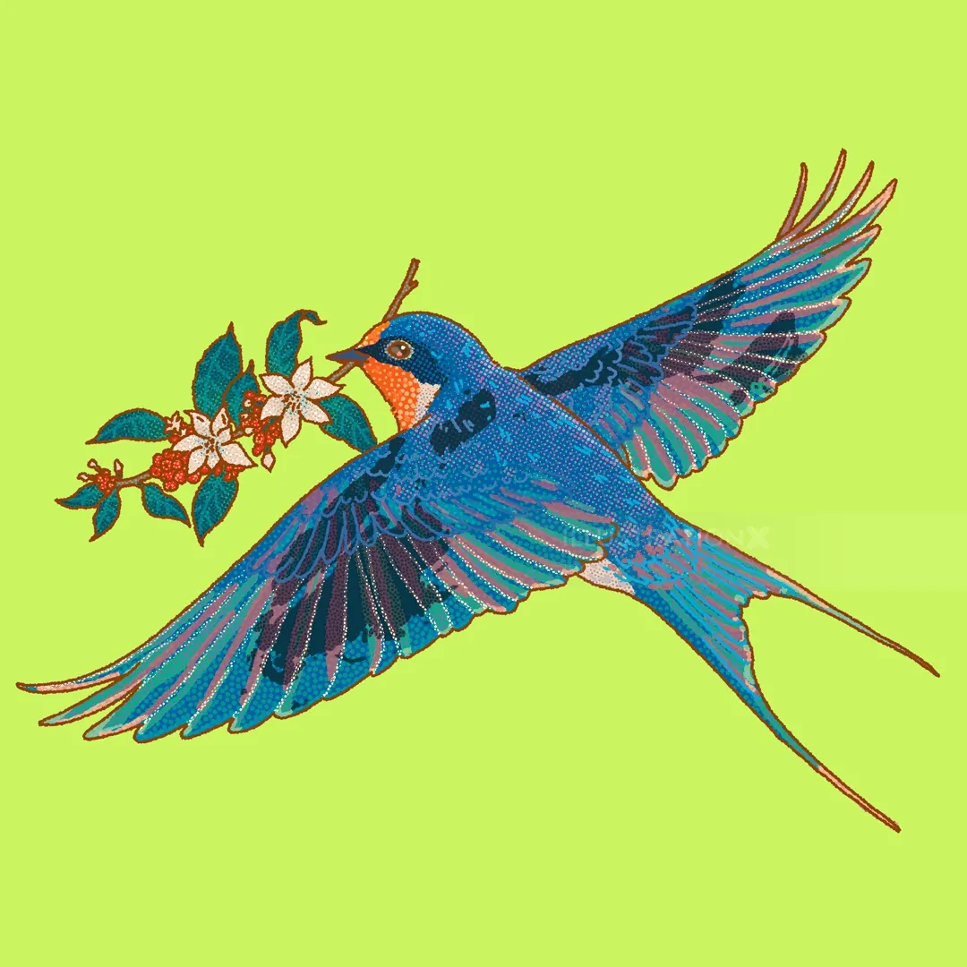 Blue bird in flight holding white blossoms by Ing Lee