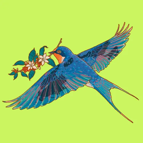Blue bird in flight holding white blossoms by Ing Lee