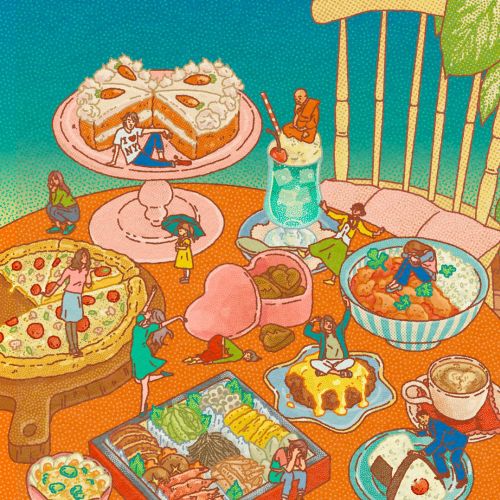 Illustration of miniature people interacting with various food dishes by Ing Lee