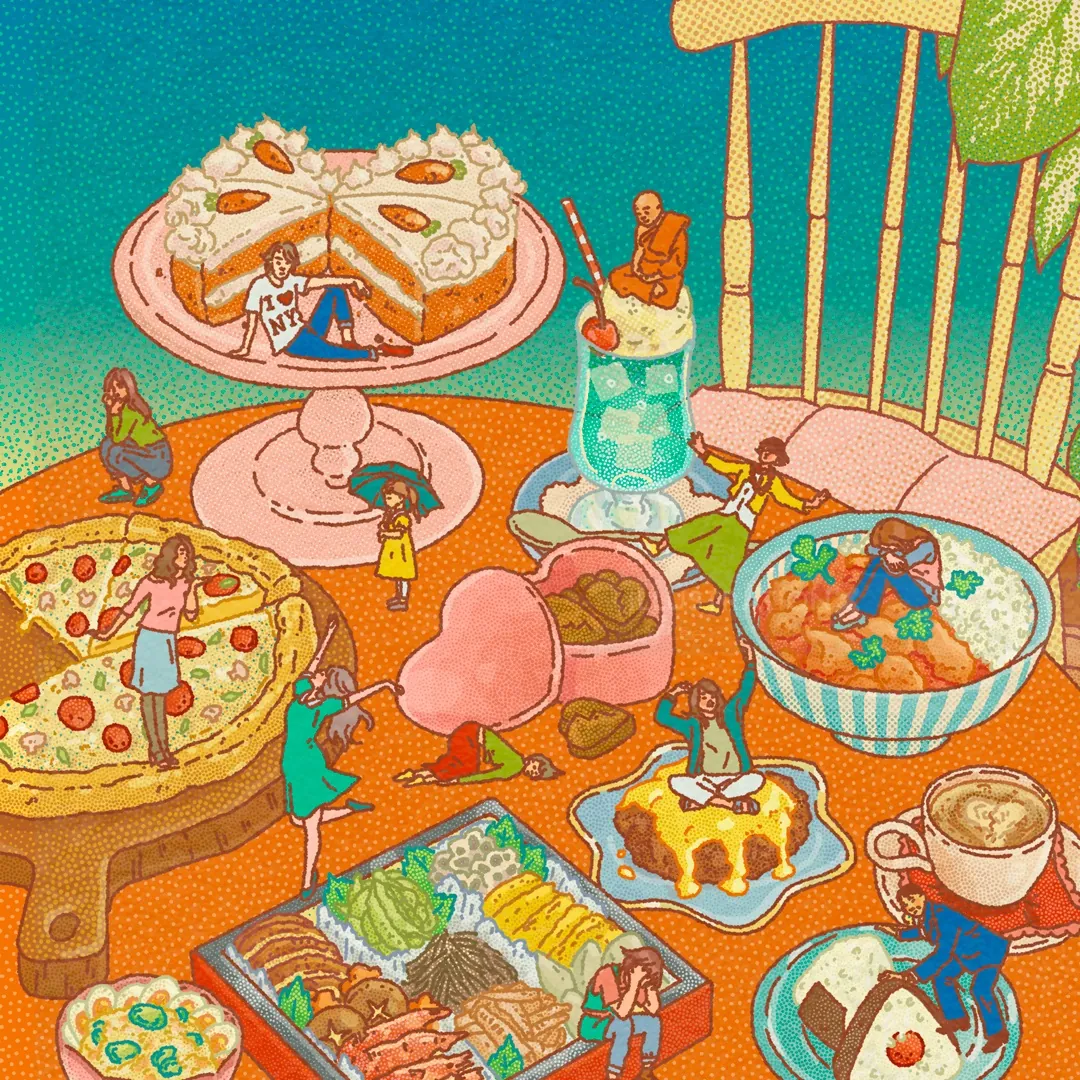 Illustration of miniature people interacting with various food dishes by Ing Lee