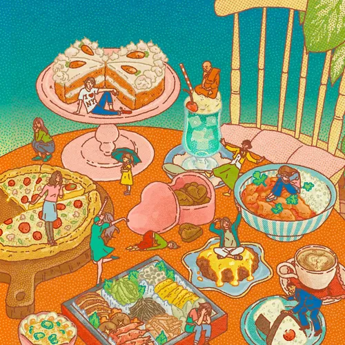 Illustration of miniature people interacting with various food dishes by Ing Lee