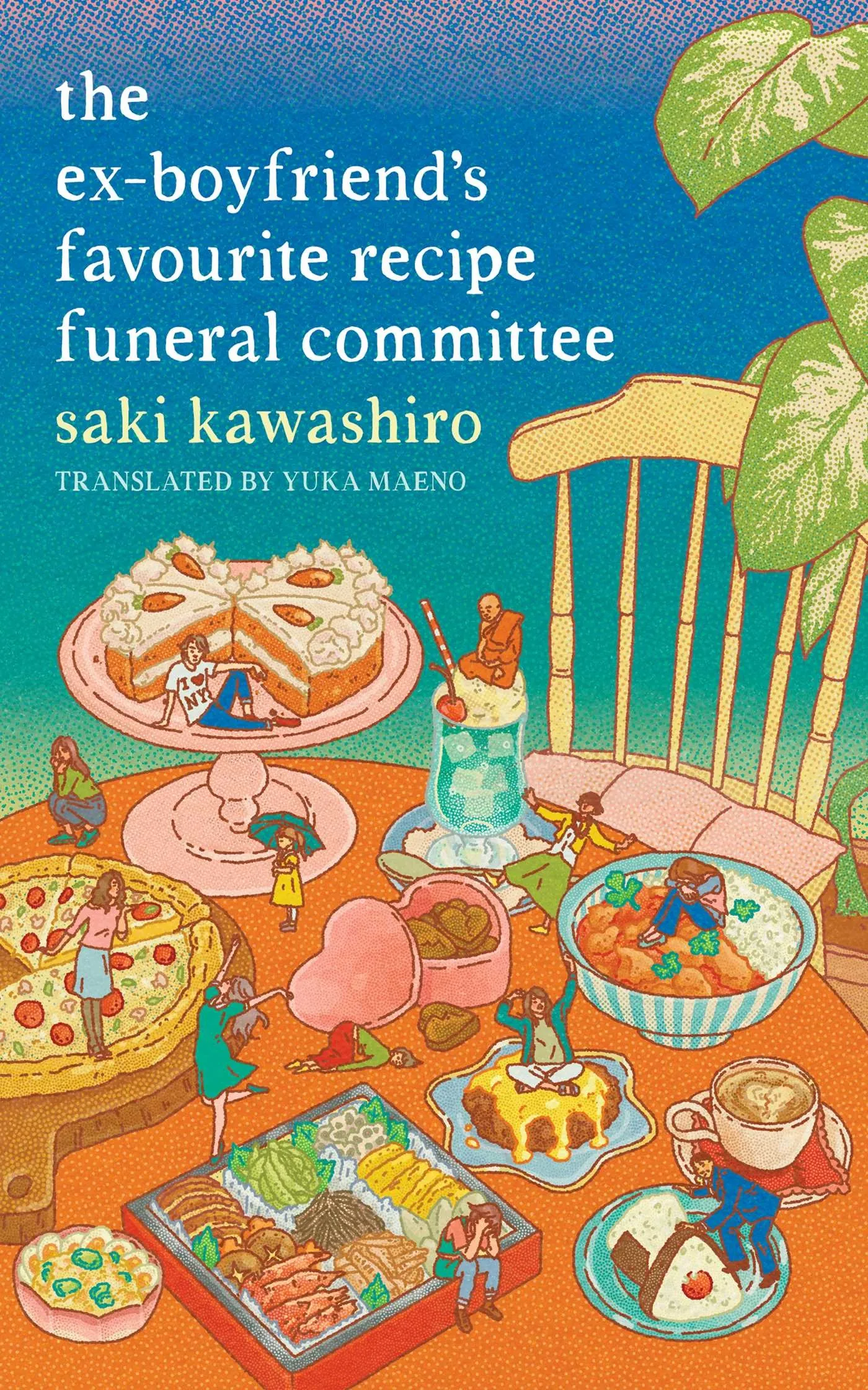 Illustrated book cover with food dishes and a chair, artwork by Ing Lee