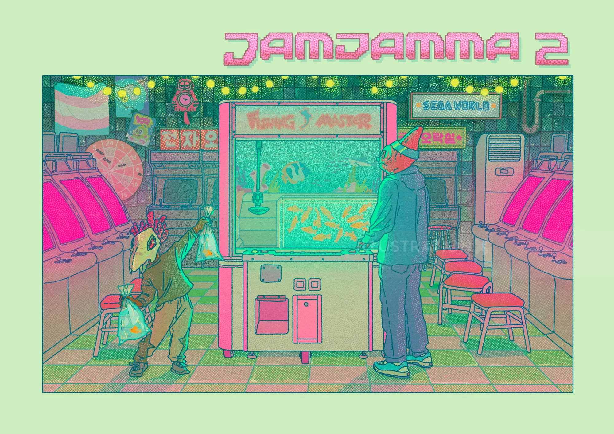 Zwei Personen spielen das Arcade-Spiel JamJamma 2 in einem neonbeleuchteten Raum (Foto: Ing Lee)