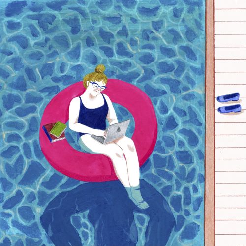 Illustration of lady working with laptop in swiming pool