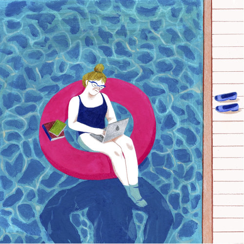 Illustration of lady working with laptop in swiming pool