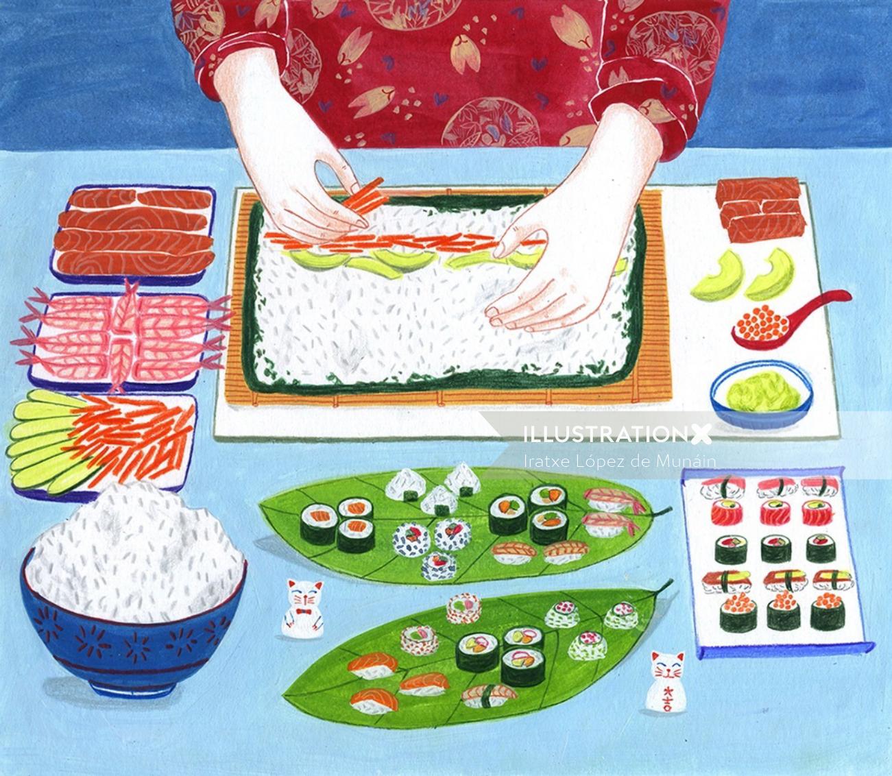 日本の寿司レシピを準備している女性