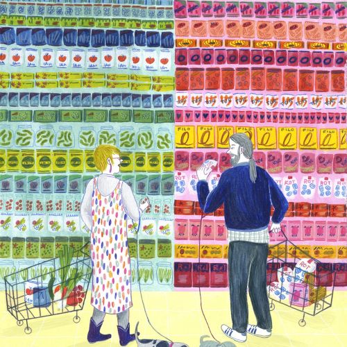 Illustration of couples in super market 