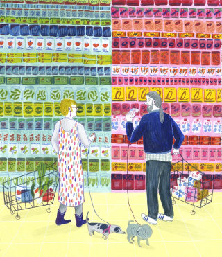 Ilustración de parejas en supermercado. 