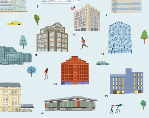 Watercolor drawing of building icons 