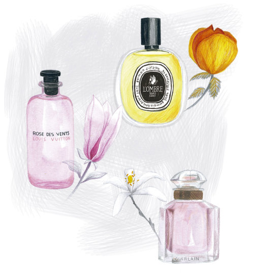 Fashion illustration of floral perfumes