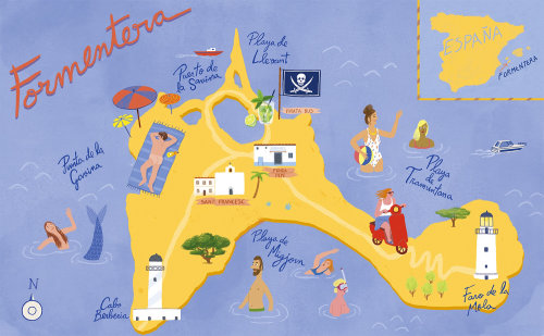 Illustrated map of Formetera in Spain.