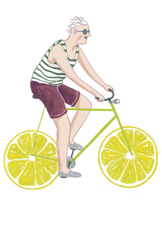 Diseño gráfico de un anciano andando en bicicleta. 
