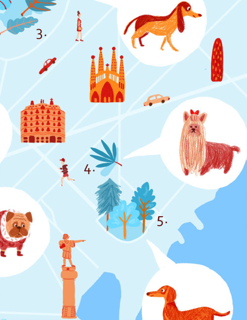 Illustration of city map of the best parks in Barcelona to go out with dogs