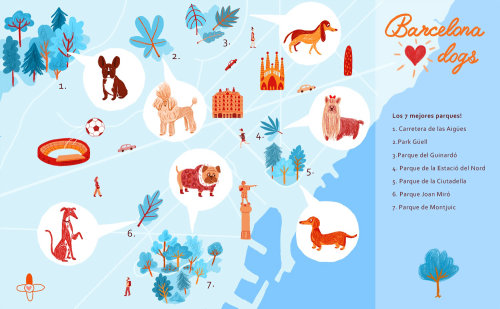 Illustration of city map of the best parks in Barcelona to go out with dogs