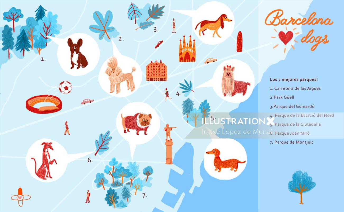 Illustration of city map of the best parks in Barcelona to go out with dogs