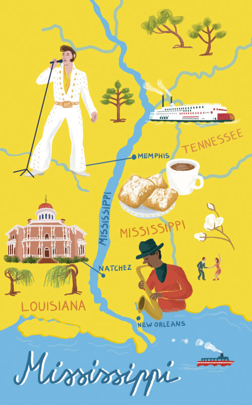 Map illustration of Mississippi for The Chelsea Magazine