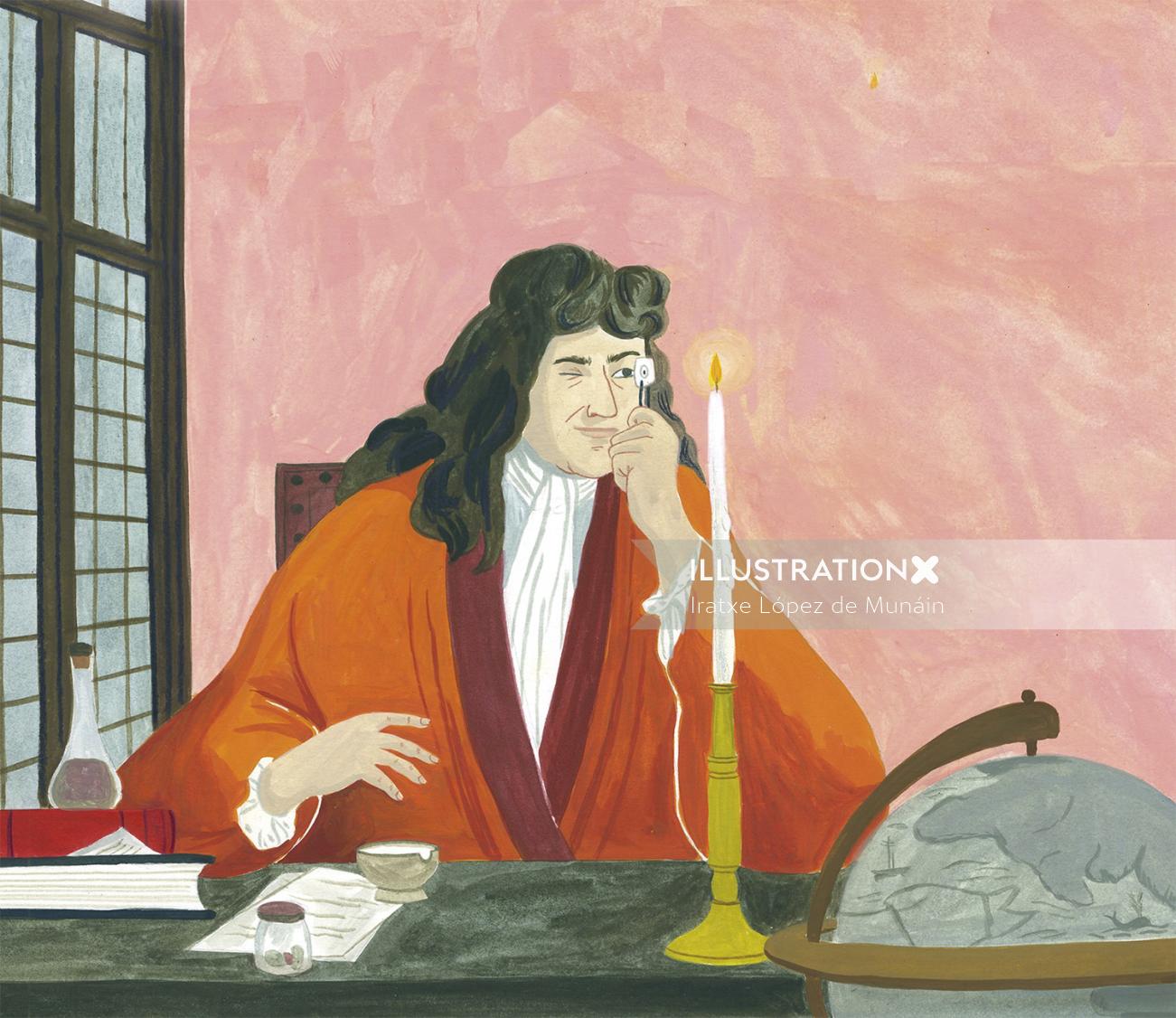 History man sitting with a candle and thinking