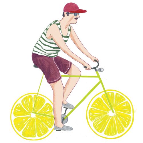 Fashion man riding lemon cycle