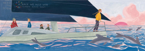 Mulher viajando de barco com golfinhos