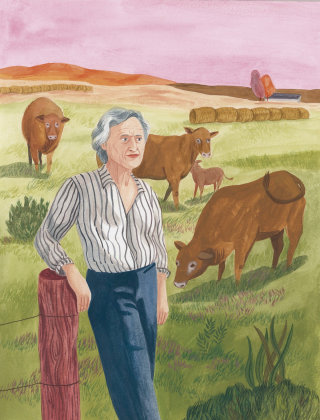農場で牛と遊ぶ男性